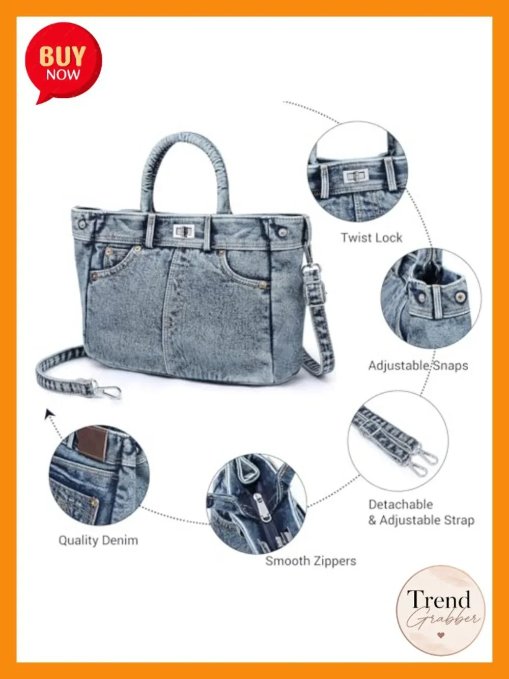 Denim Crossbody Bag Lightweight Satchel Shoulder Purse with Turn-Lock Long